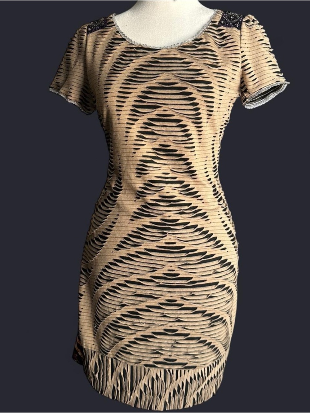 Custo Barcelona Beige and Black Layered Cutout Mini Dress